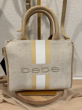 bebe Beige Tan Logo Small Satchel Top Handle Zip Bag Detachable Crossbody Strap